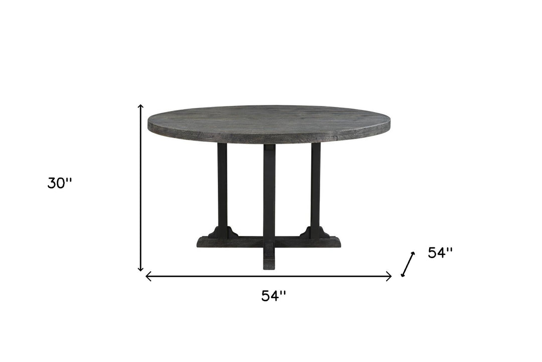 54" Black Solid Wood Round Dining Table with Rustic Pedestal Base