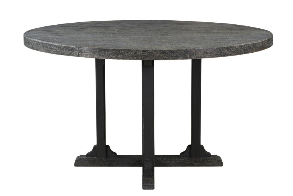 54" Black Solid Wood Round Dining Table with Rustic Pedestal Base