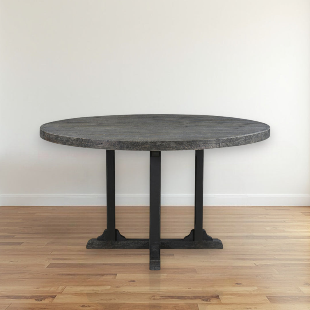 54" Black Solid Wood Round Dining Table with Rustic Pedestal Base