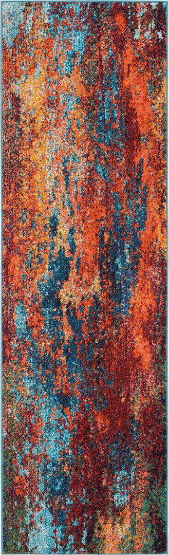 12' Runner Blue and Orange Abstract Power Loom Runner Rug