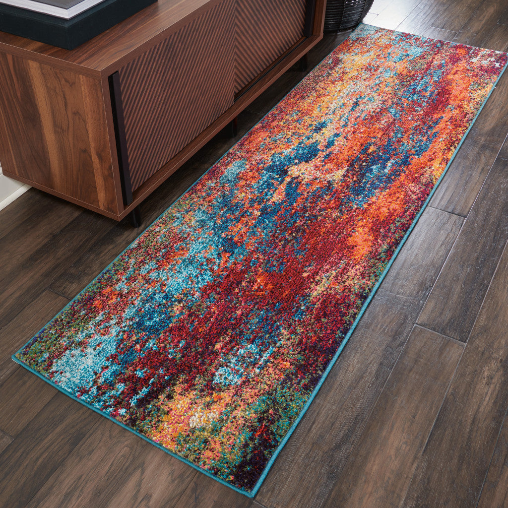 12' Runner Blue and Orange Abstract Power Loom Runner Rug