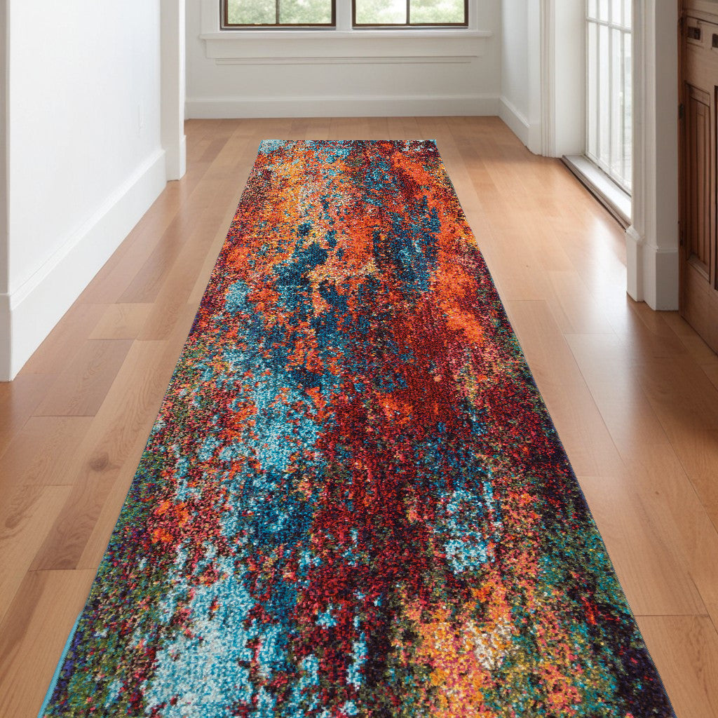 12' Runner Blue and Orange Abstract Power Loom Runner Rug