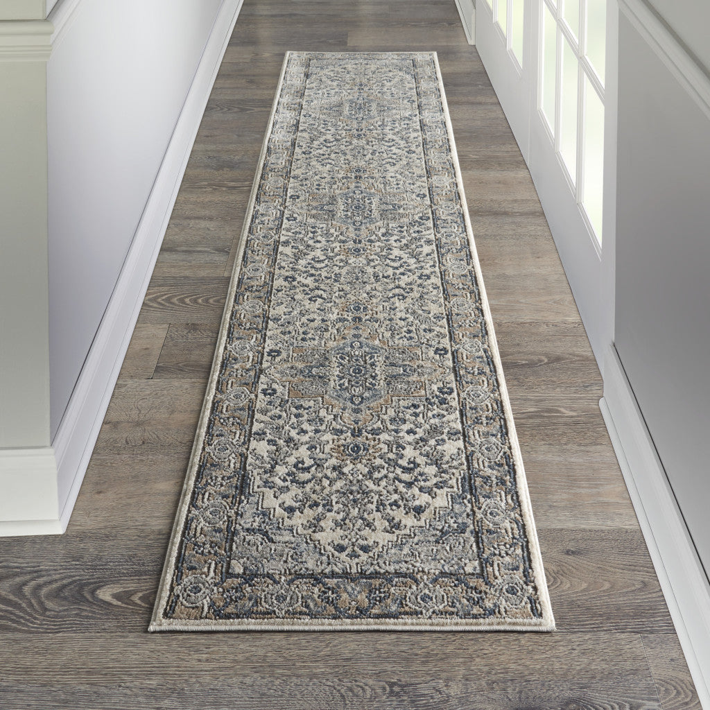 12' Gray and Ivory Medallion Power Loom Runner Rug