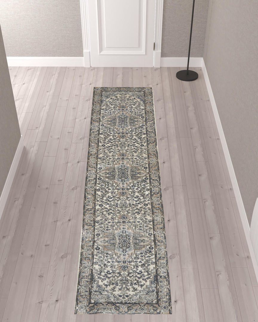 10' Gray and Ivory Medallion Power Loom Runner Rug