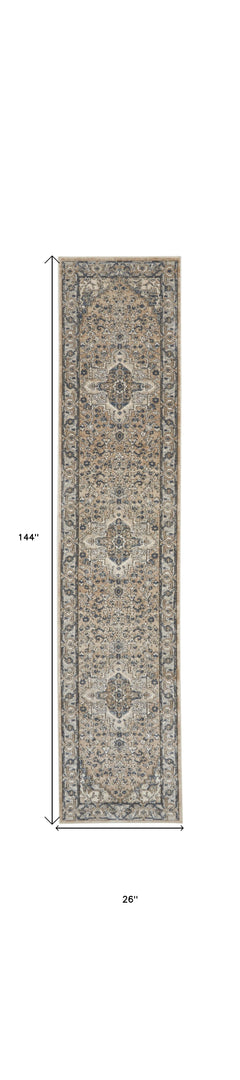 12' Gray and Ivory Medallion Power Loom Runner Rug