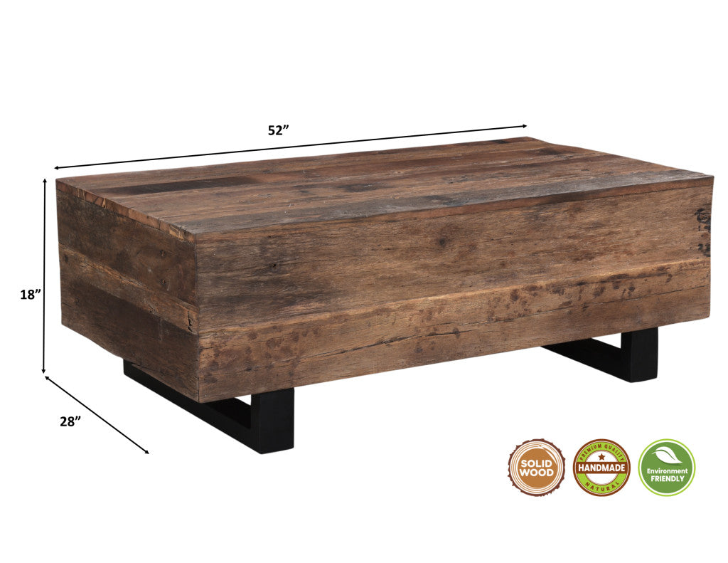 52-Inch Distressed Dark Brown and Black Solid Wood Coffee Table