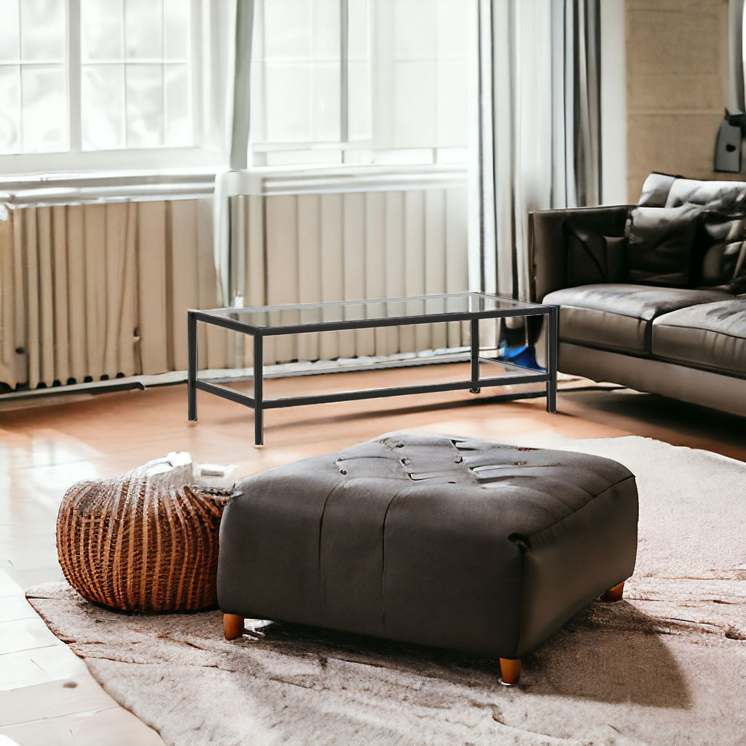 54-Inch Black Glass And Steel Coffee Table with Shelf