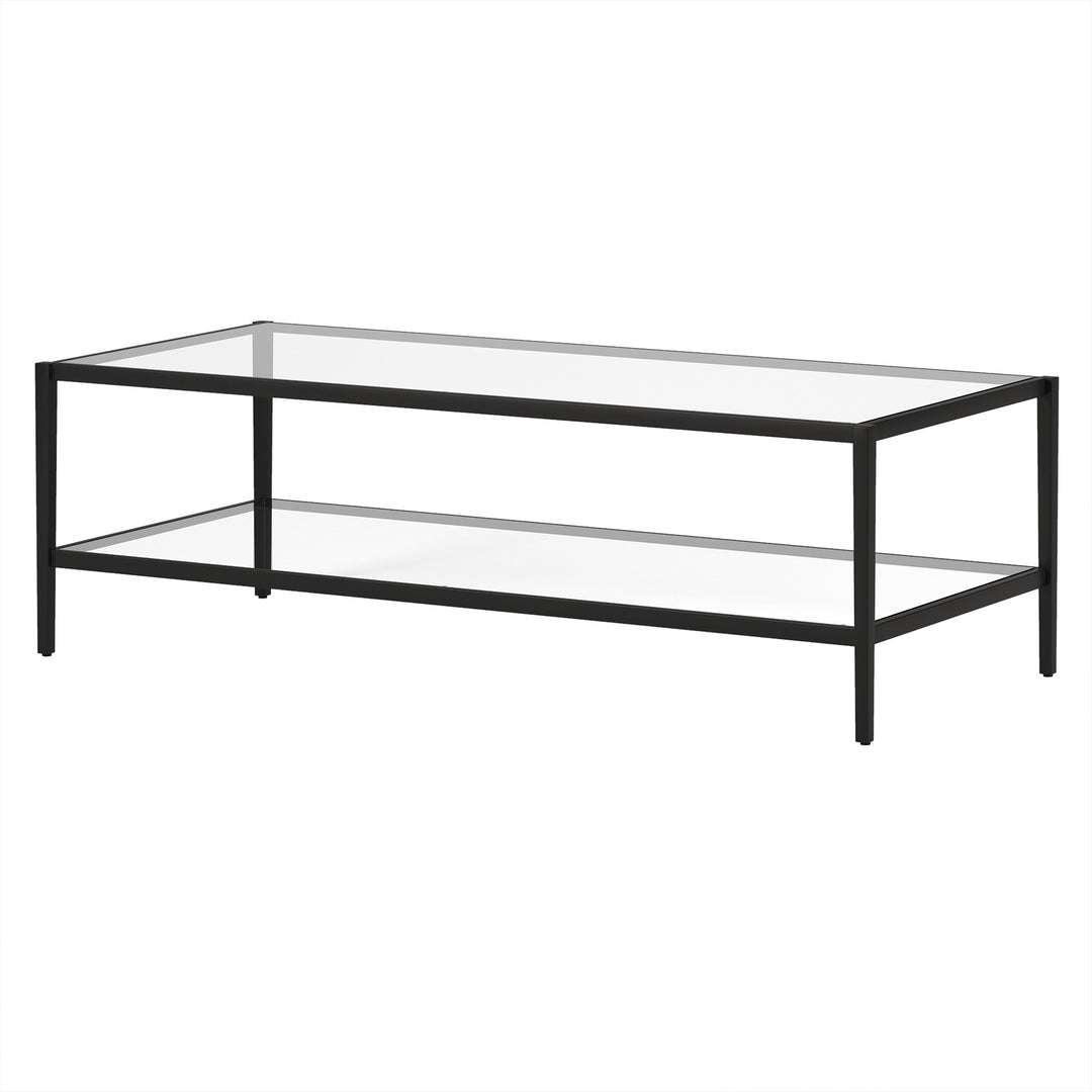 54-Inch Black Glass And Steel Coffee Table with Shelf