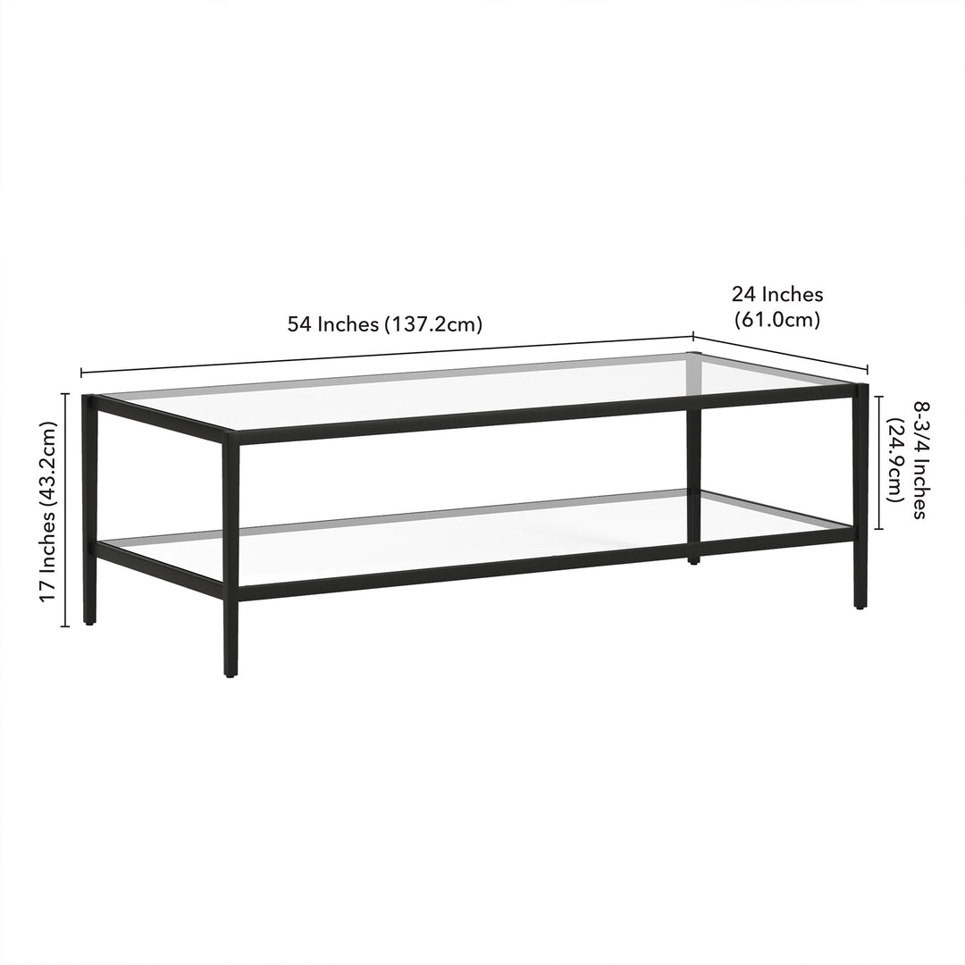 54-Inch Black Glass And Steel Coffee Table with Shelf