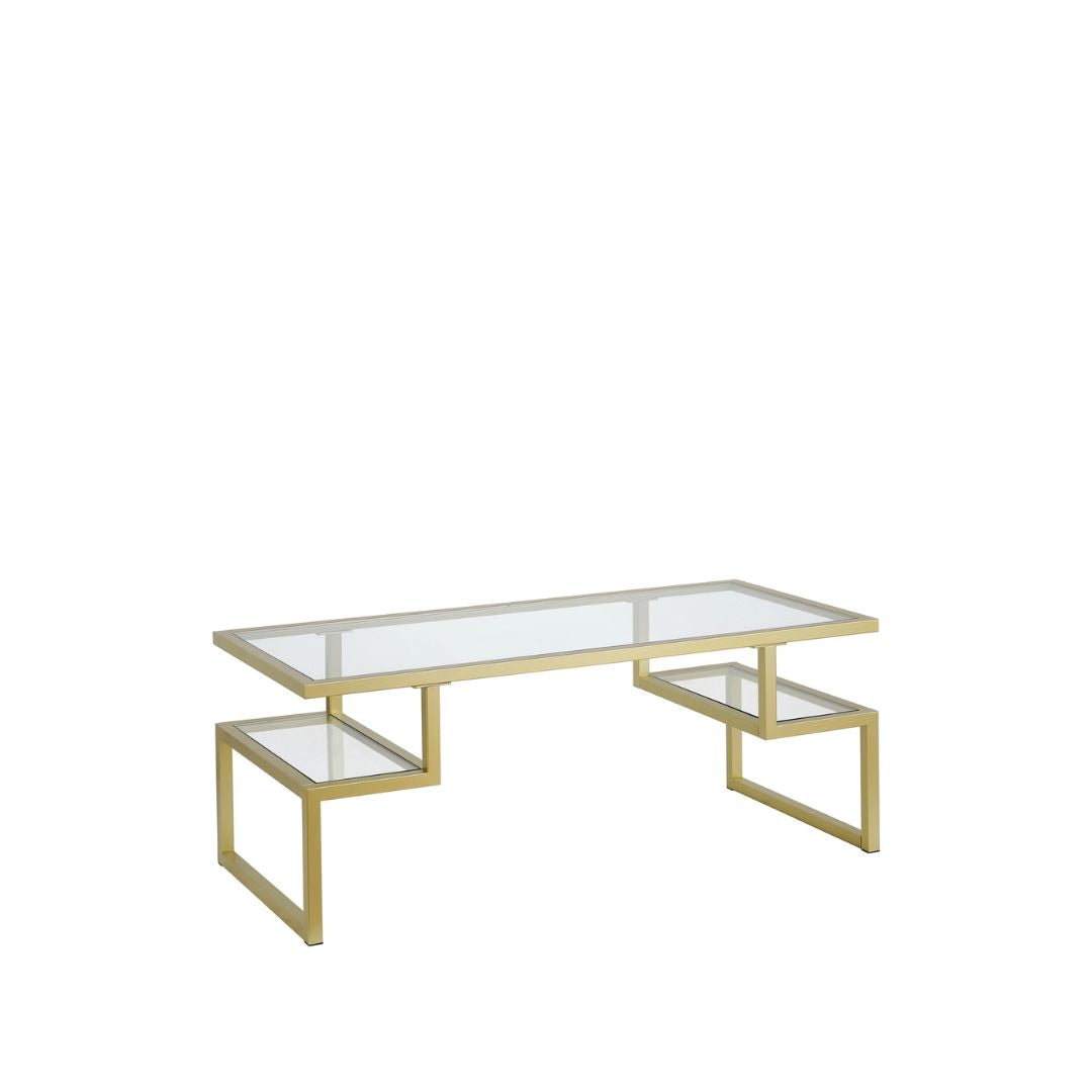 45" Gold Glass and Steel Coffee Table with Dual Shelves