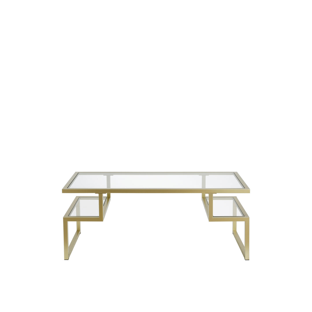 45" Gold Glass and Steel Coffee Table with Dual Shelves