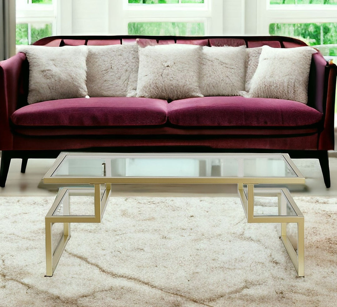 45" Gold Glass and Steel Coffee Table with Dual Shelves