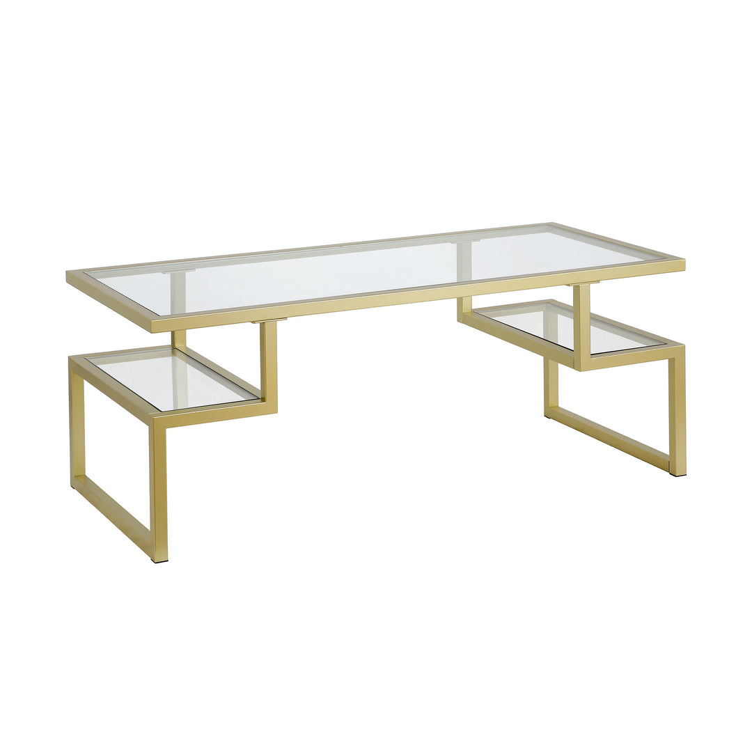 45" Gold Glass and Steel Coffee Table with Dual Shelves