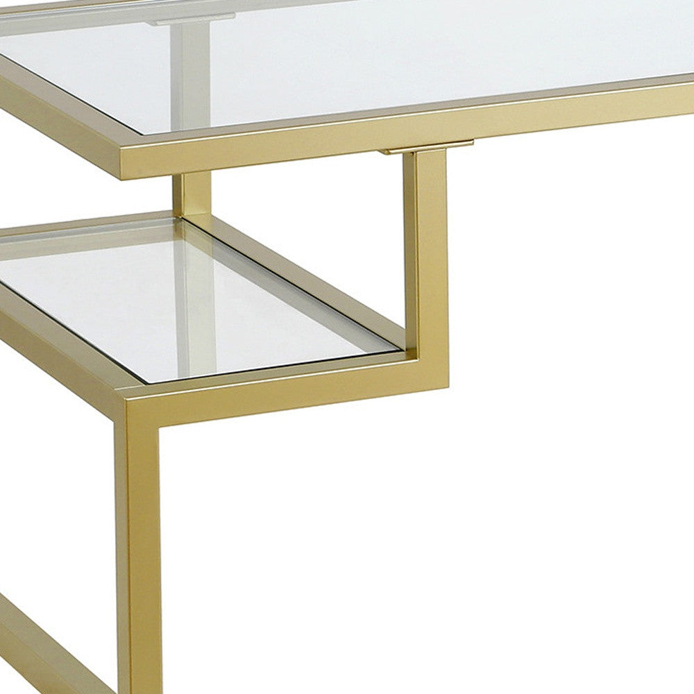 45" Gold Glass and Steel Coffee Table with Dual Shelves