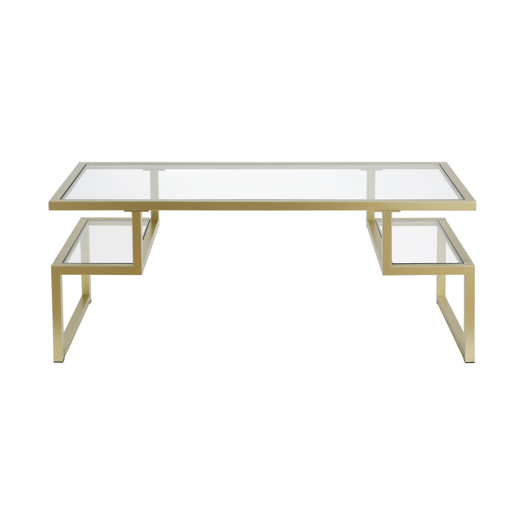 45" Gold Glass and Steel Coffee Table with Dual Shelves