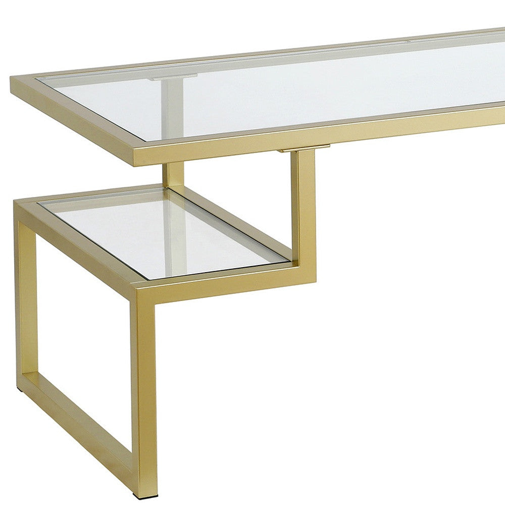 45" Gold Glass and Steel Coffee Table with Dual Shelves