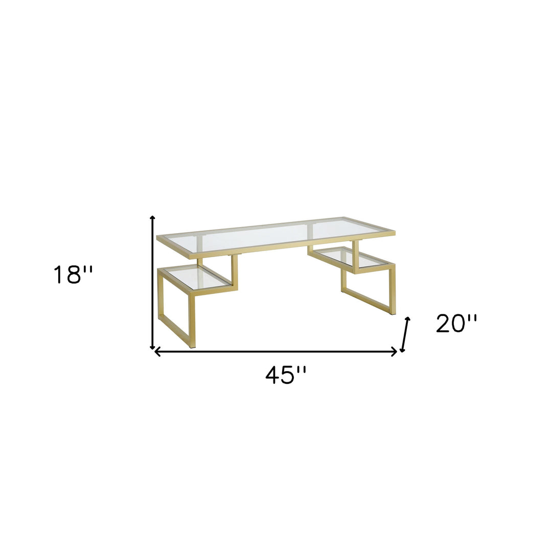 45" Gold Glass and Steel Coffee Table with Dual Shelves