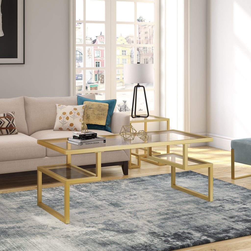 45" Gold Glass and Steel Coffee Table with Dual Shelves