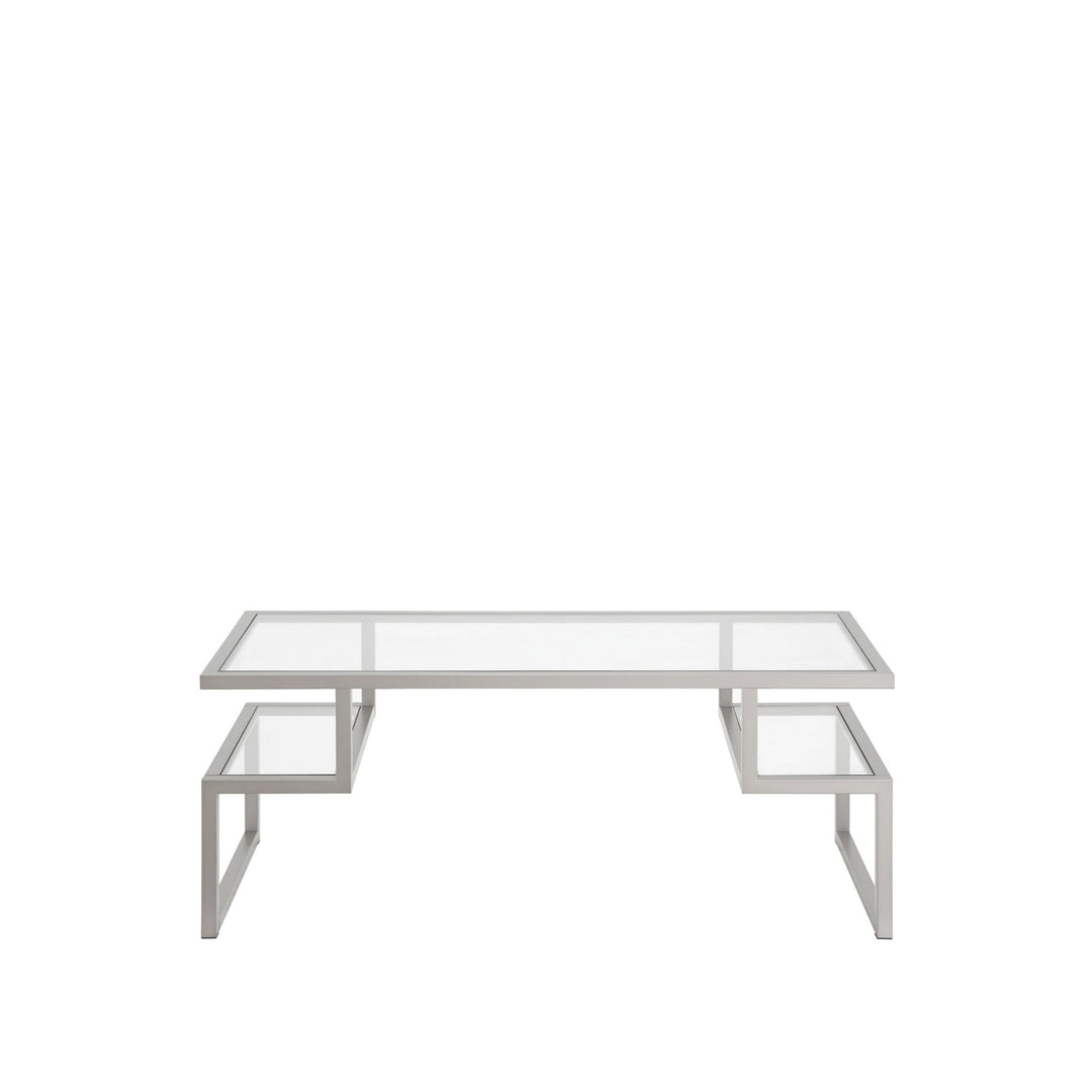 45-Inch Silver Glass and Steel Coffee Table with Dual Shelves