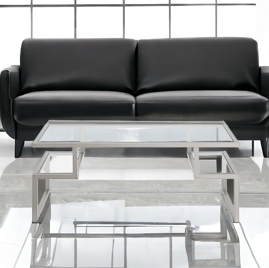 45-Inch Silver Glass and Steel Coffee Table with Dual Shelves