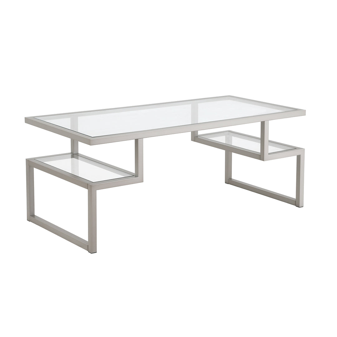 45-Inch Silver Glass and Steel Coffee Table with Dual Shelves