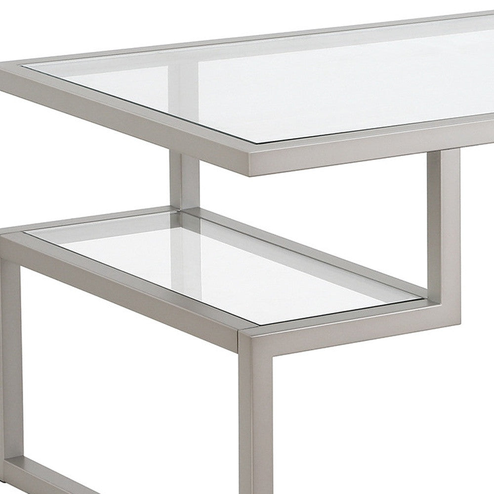 45-Inch Silver Glass and Steel Coffee Table with Dual Shelves