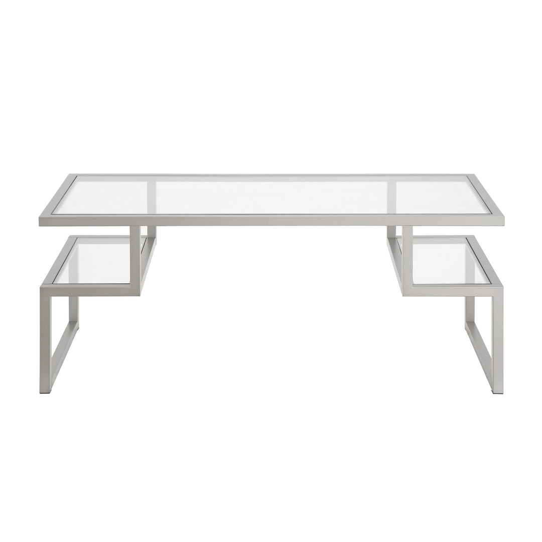 45-Inch Silver Glass and Steel Coffee Table with Dual Shelves