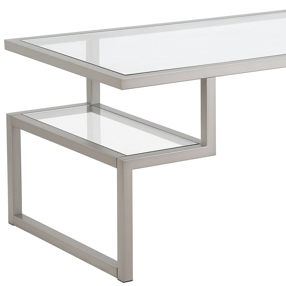 45-Inch Silver Glass and Steel Coffee Table with Dual Shelves