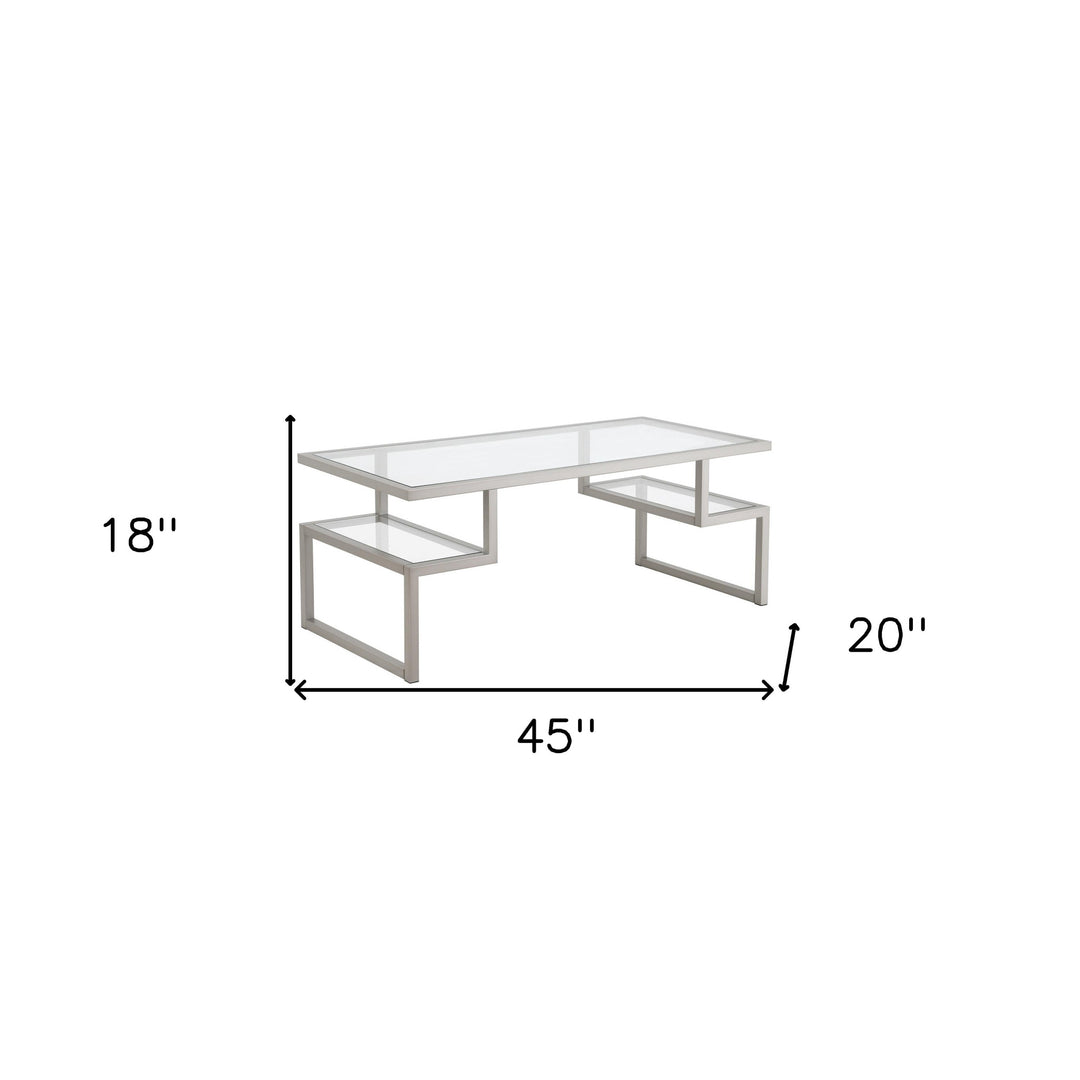 45-Inch Silver Glass and Steel Coffee Table with Dual Shelves