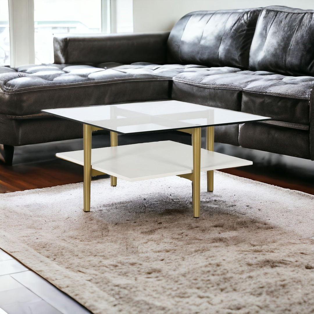 32-Inch White and Gold Glass Coffee Table with Shelf