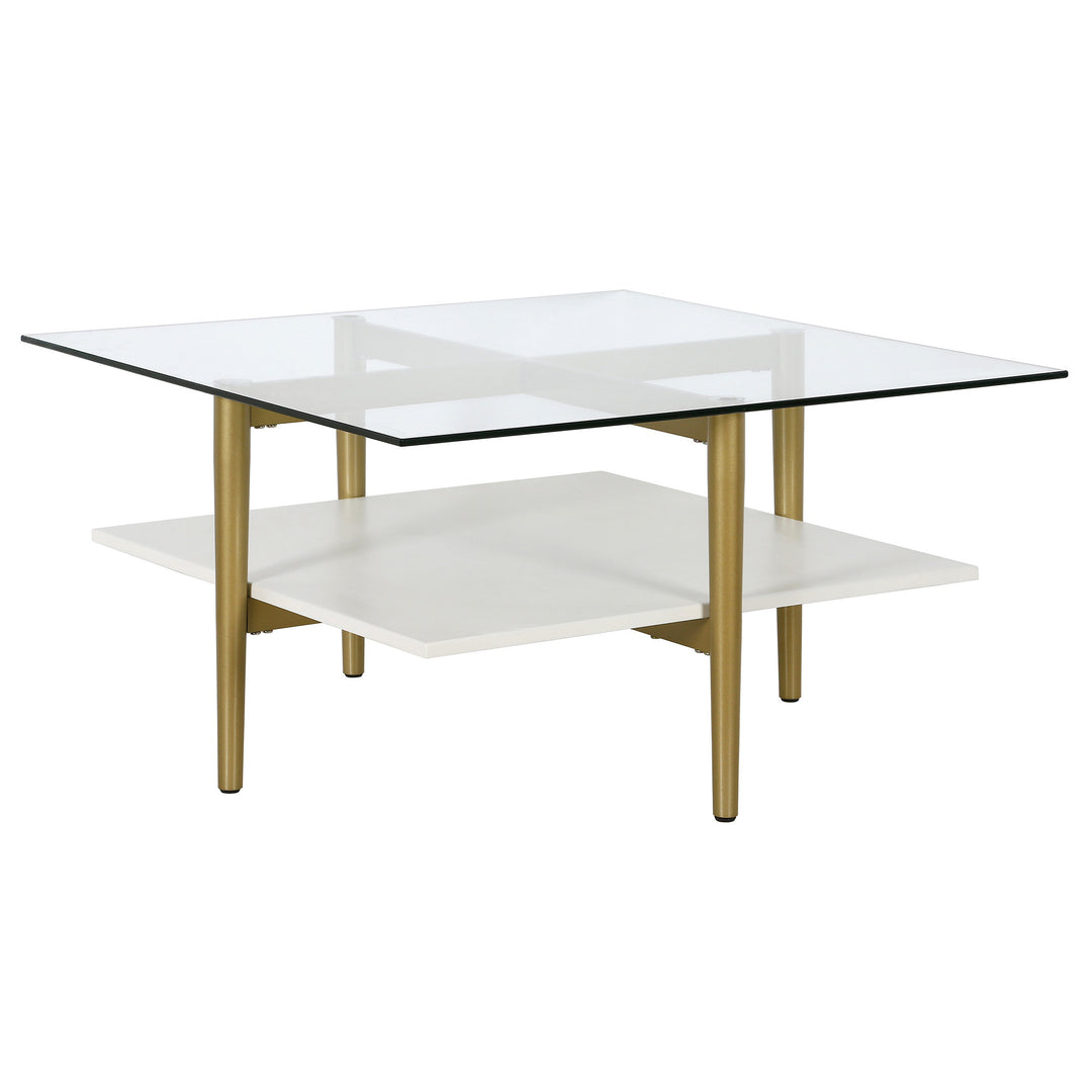 32-Inch White and Gold Glass Coffee Table with Shelf