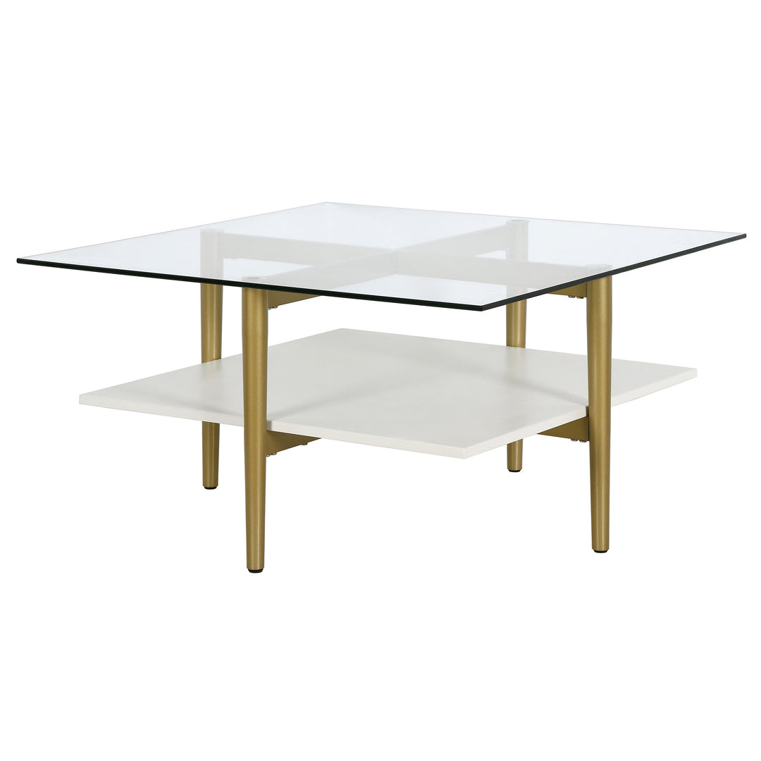 32-Inch White and Gold Glass Coffee Table with Shelf