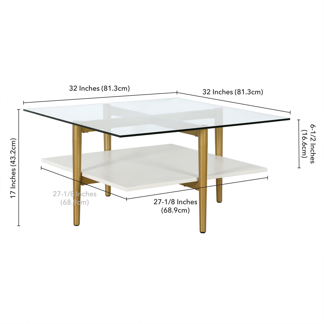 32-Inch White and Gold Glass Coffee Table with Shelf