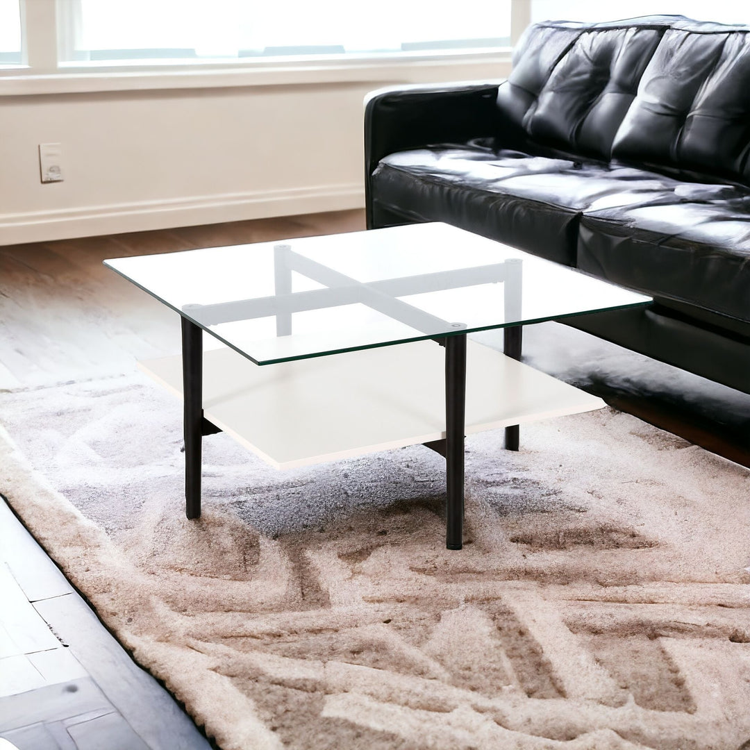 32" White and Black Glass Square Coffee Table with Shelf