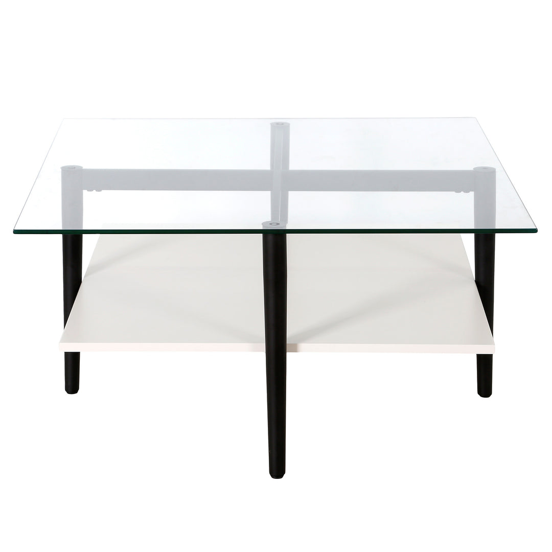 32" White and Black Glass Square Coffee Table with Shelf