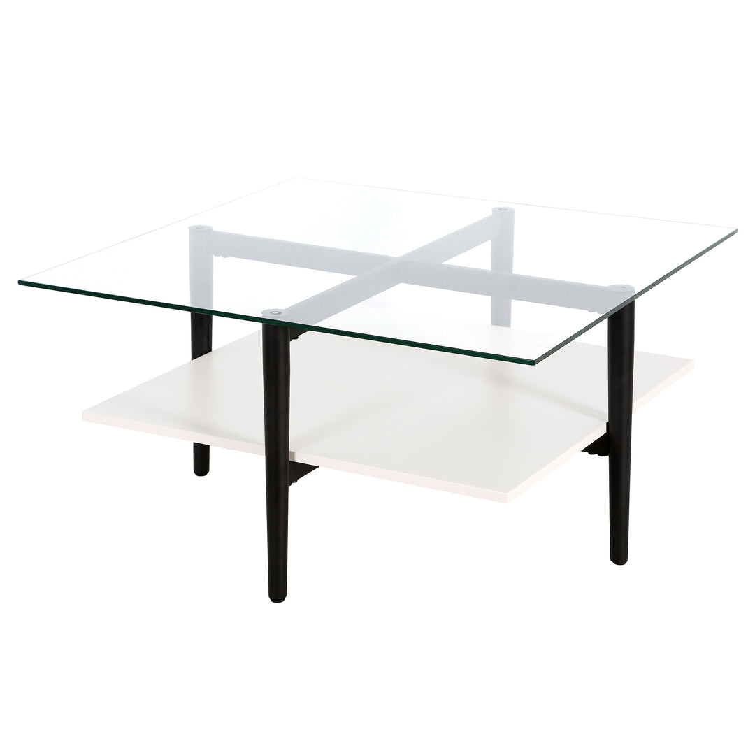 32" White and Black Glass Square Coffee Table with Shelf