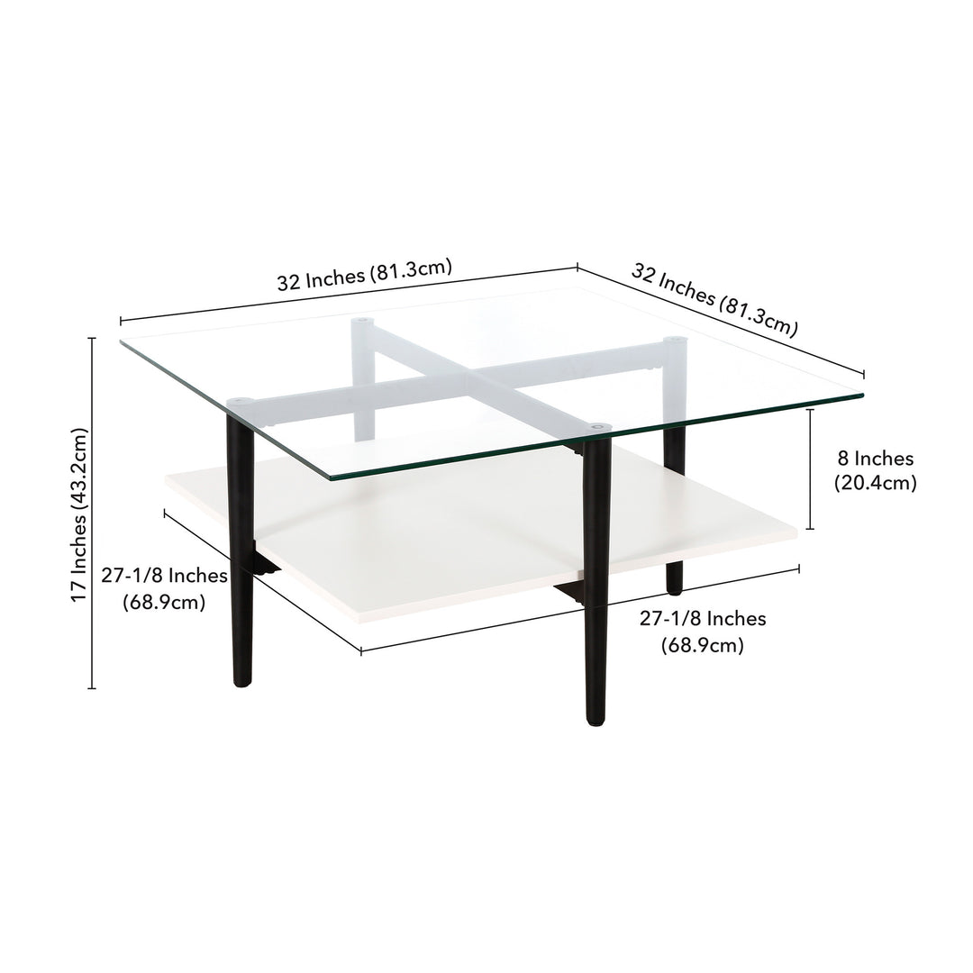 32" White and Black Glass Square Coffee Table with Shelf