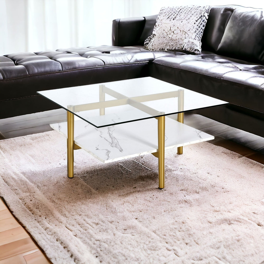 32-Inch White And Gold Glass And Steel Square Coffee Table With Shelf