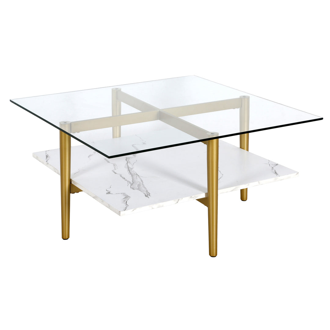 32-Inch White And Gold Glass And Steel Square Coffee Table With Shelf