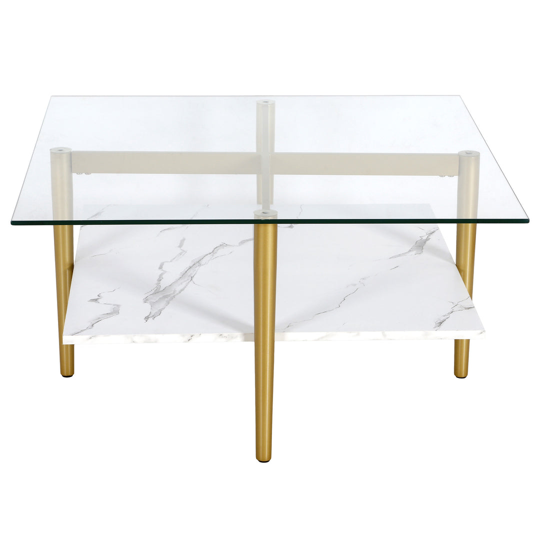 32-Inch White And Gold Glass And Steel Square Coffee Table With Shelf