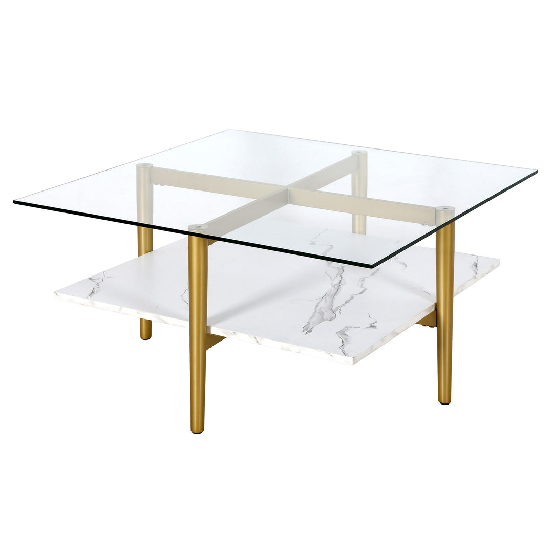 32-Inch White And Gold Glass And Steel Square Coffee Table With Shelf