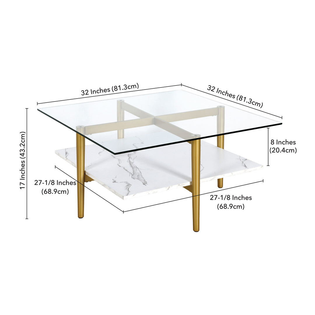 32-Inch White And Gold Glass And Steel Square Coffee Table With Shelf