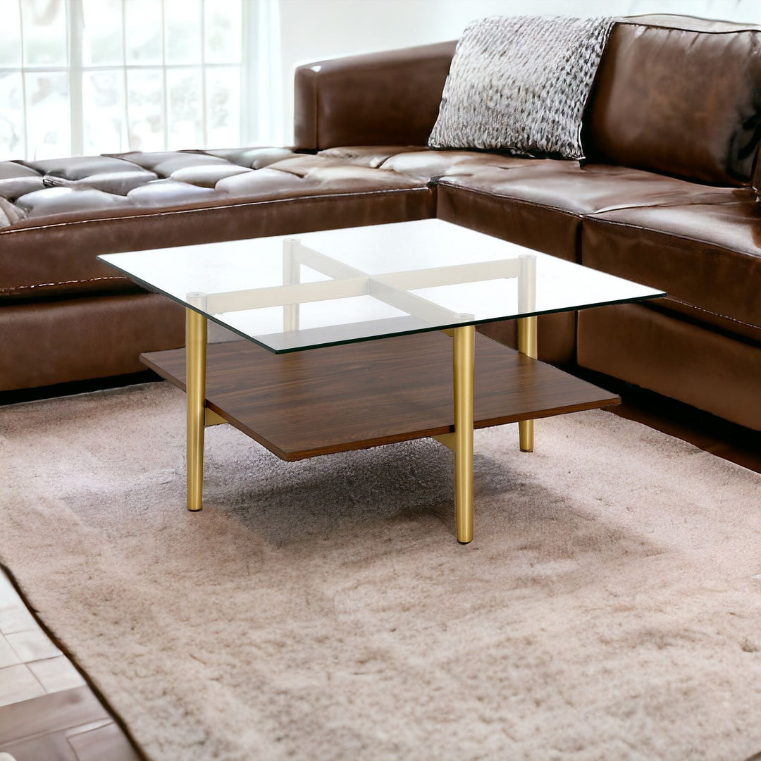 32" Brown and Gold Glass Square Coffee Table with Shelf