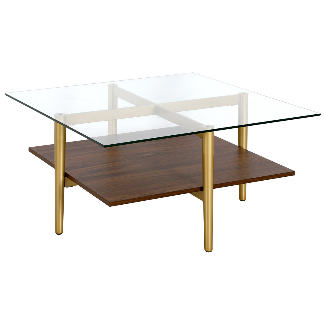 32" Brown and Gold Glass Square Coffee Table with Shelf