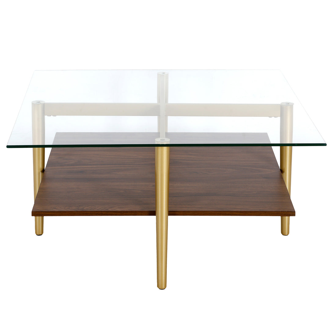 32" Brown and Gold Glass Square Coffee Table with Shelf