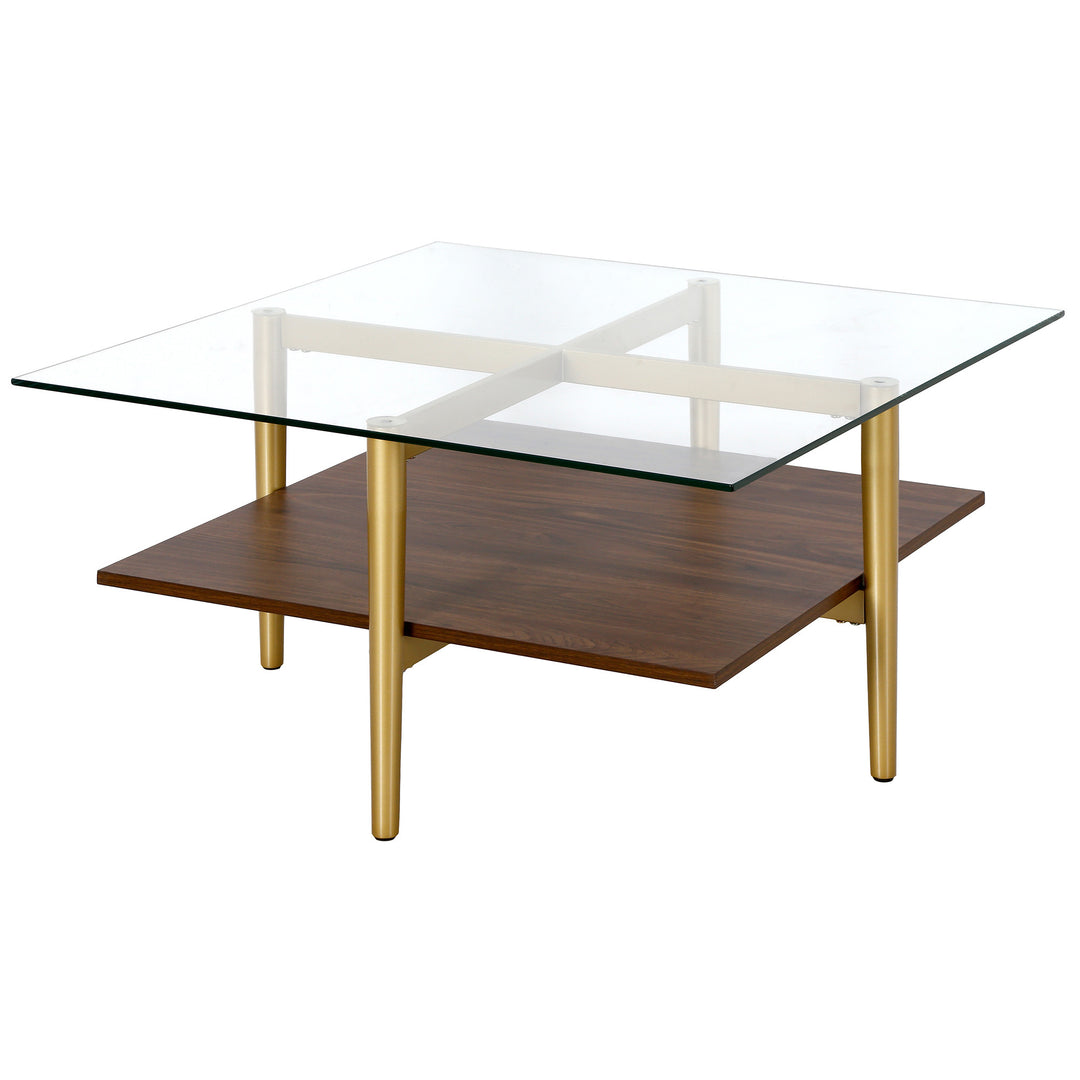 32" Brown and Gold Glass Square Coffee Table with Shelf