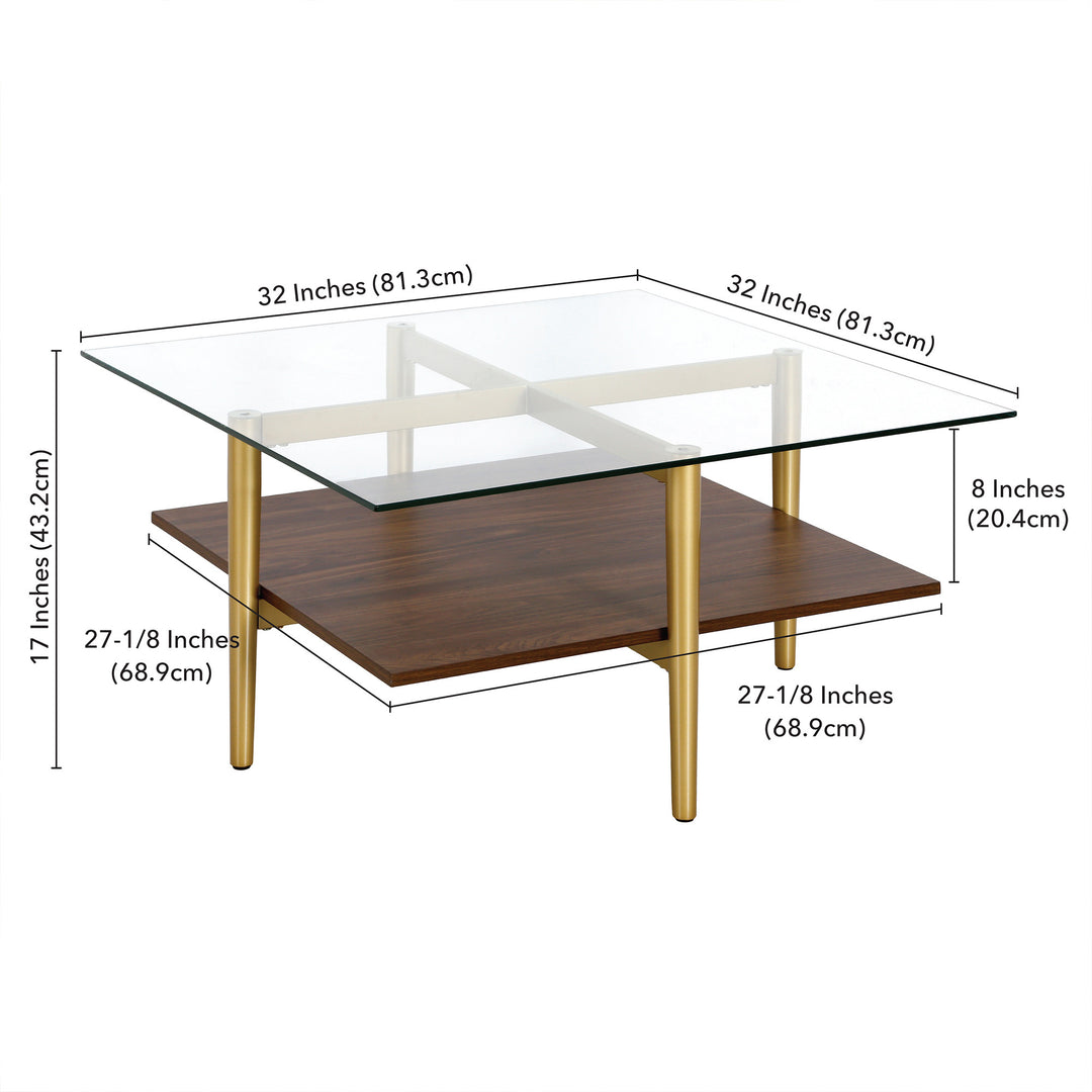 32" Brown and Gold Glass Square Coffee Table with Shelf