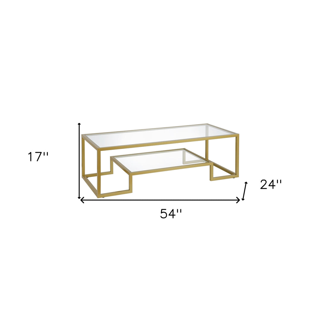 Modern 54-Inch Clear Glass and Gold Steel Coffee Table with Shelf