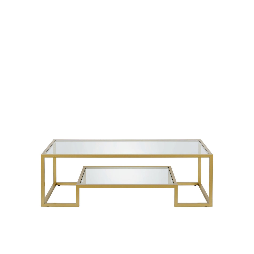 Modern 54-Inch Clear Glass and Gold Steel Coffee Table with Shelf