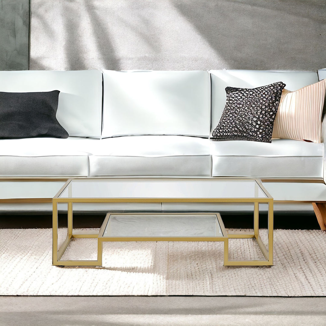 Modern 54-Inch Clear Glass and Gold Steel Coffee Table with Shelf